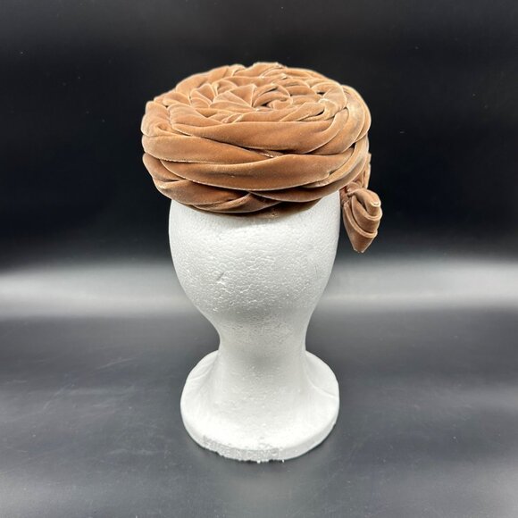Vintage Pillbox Hat Bow Brown Velvet Junior B Retro Turban Style Mid Century - Picture 4 of 8
